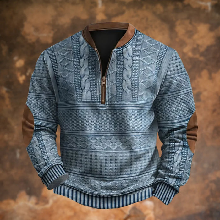 Blue Men's Quarter Zip Sweater with Cable Knit & Elbow Patches