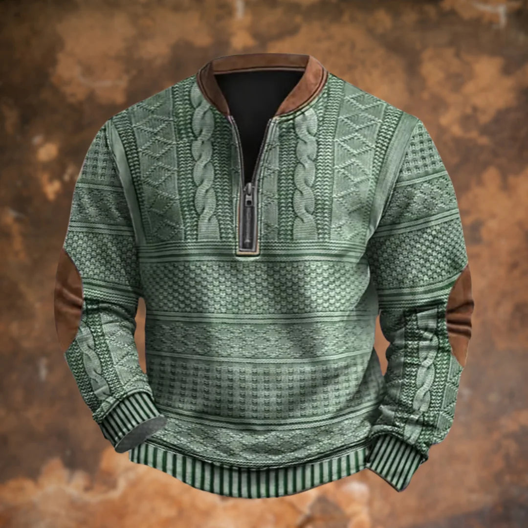 Green Men's Quarter Zip Sweater with Cable Knit & Elbow Patches