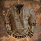 Khaki Men's Quarter Zip Sweater with Cable Knit & Elbow Patches - Front Pose