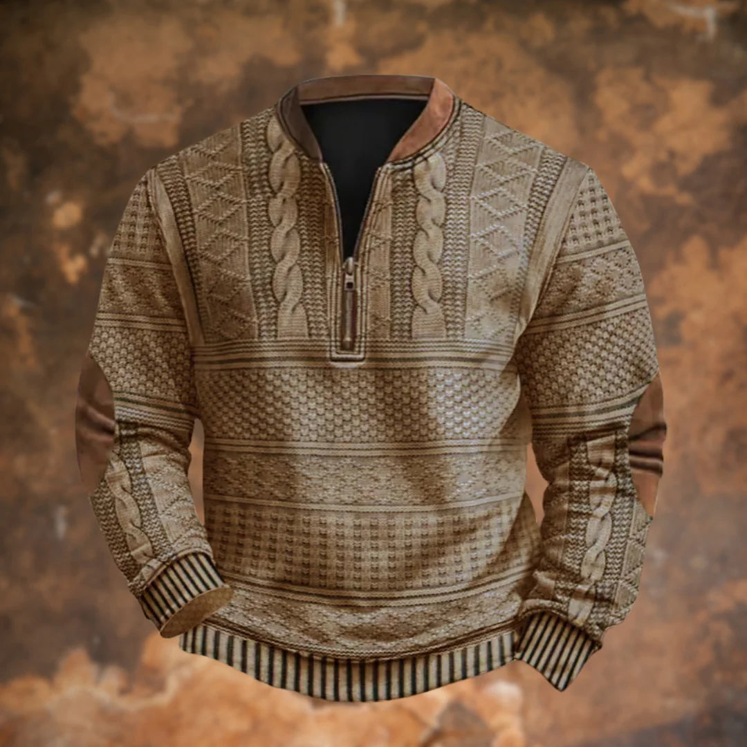 Khaki Men's Quarter Zip Sweater with Cable Knit & Elbow Patches - Front Pose
