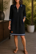Black Women's Sweatshirt Dress with Quarter-Zip Collar & Striped Cuffs