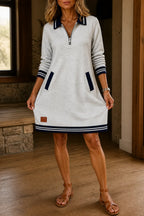 Grey Women's Sweatshirt Dress with Quarter-Zip Collar & Striped Cuffs