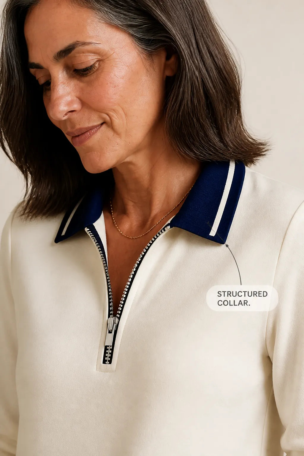 Women's Sweatshirt Dress with Quarter-Zip Collar & Striped Cuffs - Close Up Collar