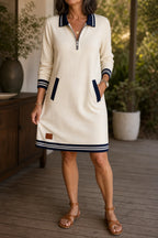 Women's Sweatshirt Dress with Quarter-Zip Collar & Striped Cuffs - Front Full