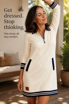 Women's Sweatshirt Dress with Quarter-Zip Collar & Striped Cuffs - Lifestyle Porch Pose