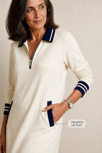 Women's Sweatshirt Dress with Quarter-Zip Collar & Striped Cuffs - Pocket Detail