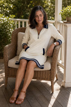 Women's Sweatshirt Dress with Quarter-Zip Collar & Striped Cuffs - Seated Lifestyle