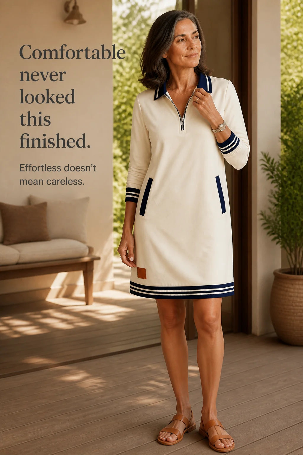Women's Sweatshirt Dress with Quarter-Zip Collar & Striped Cuffs - Standing Lifestyle