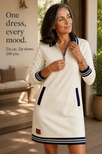 Women's Sweatshirt Dress with Quarter-Zip Collar & Striped Cuffs - Zip Pull Pose