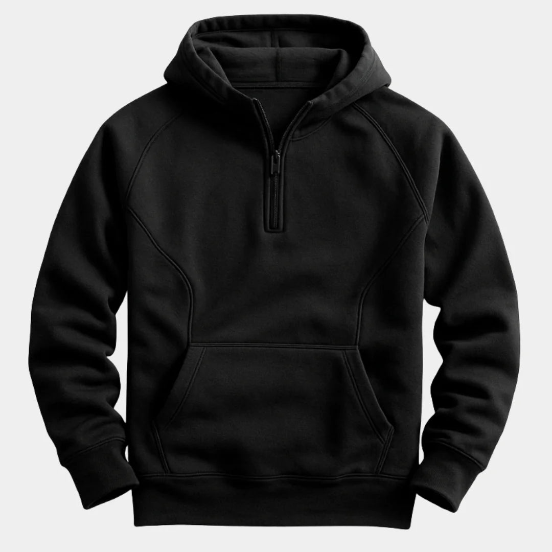 Black Men's Quarter Zip Hoodie with Raglan Sleeves & Kangaroo Pocket