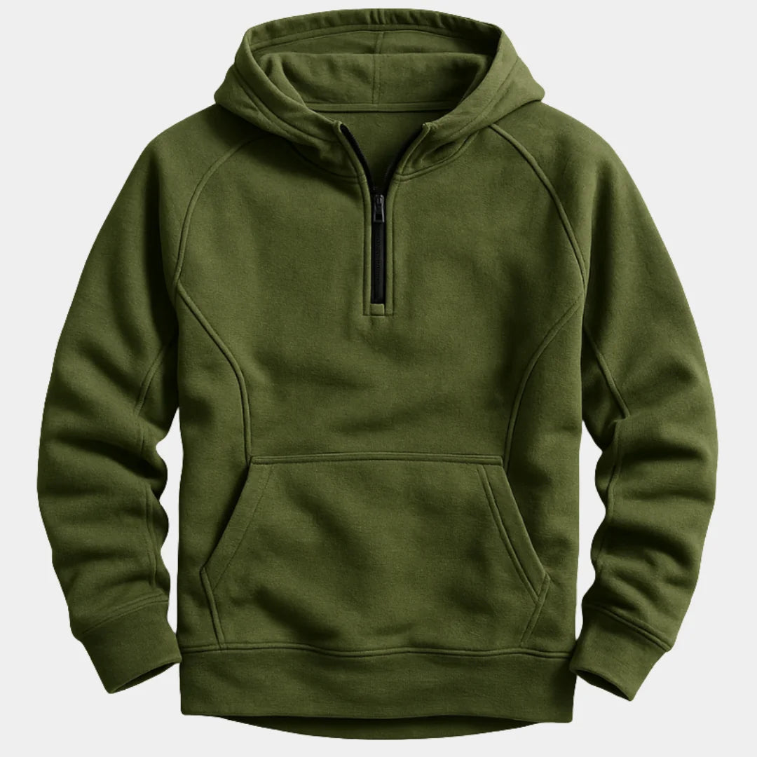 Olive Green Men's Quarter Zip Hoodie with Raglan Sleeves & Kangaroo Pocket