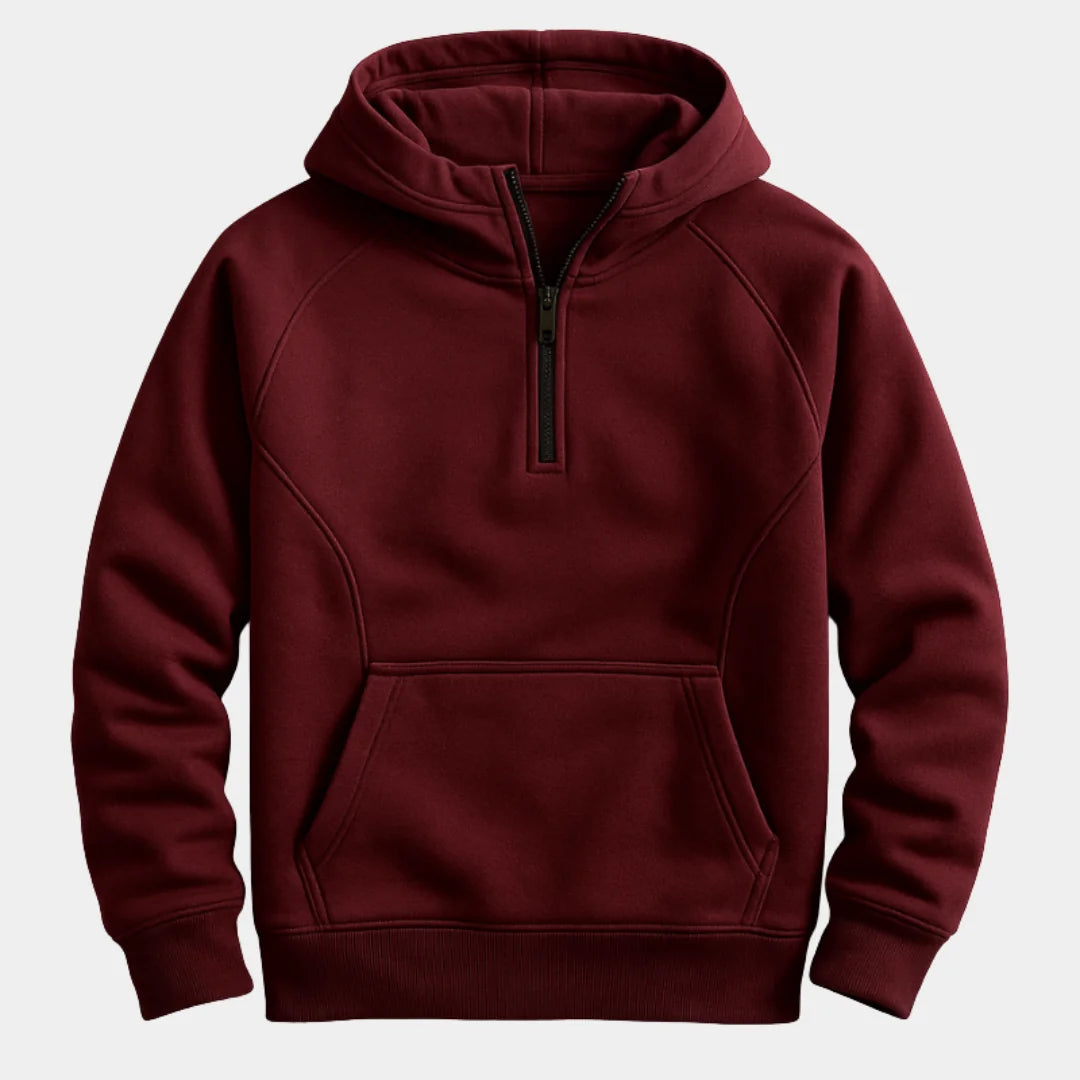 Wine Red Men's Quarter Zip Hoodie with Raglan Sleeves & Kangaroo Pocket