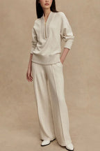 Beige Women's Quarter Zip Set with Wide-Leg Pants & Relaxed Fit
