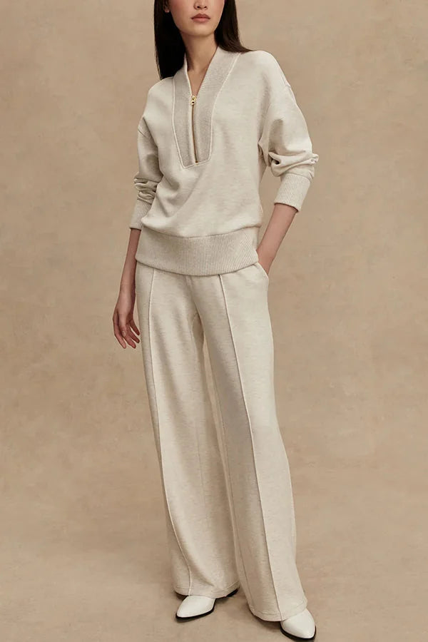 Beige Women's Quarter Zip Set with Wide-Leg Pants & Relaxed Fit