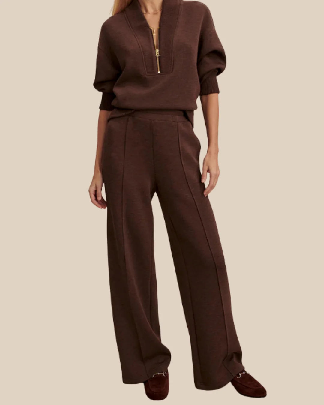 Brown Women's Quarter Zip Set with Wide-Leg Pants & Relaxed Fit - Front Full