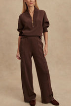 Women's Quarter Zip Set with Wide-Leg Pants & Relaxed Fit