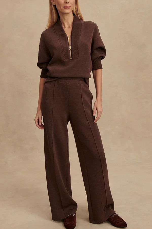Women's Quarter Zip Set with Wide-Leg Pants & Relaxed Fit