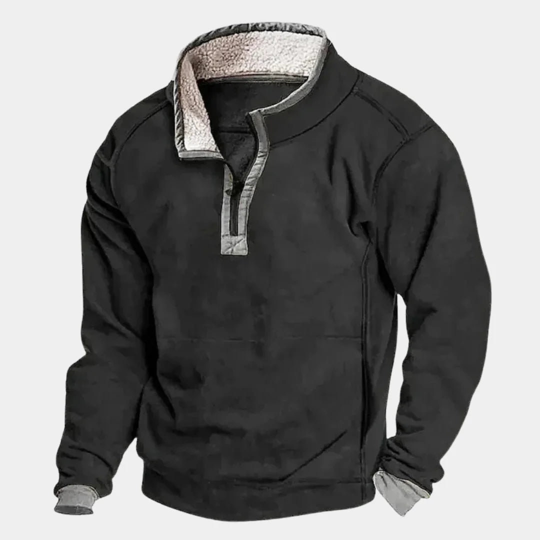 Black Men's Quarter Zip Sweatshirt with Sherpa-Lined Collar & Pocket — Silas