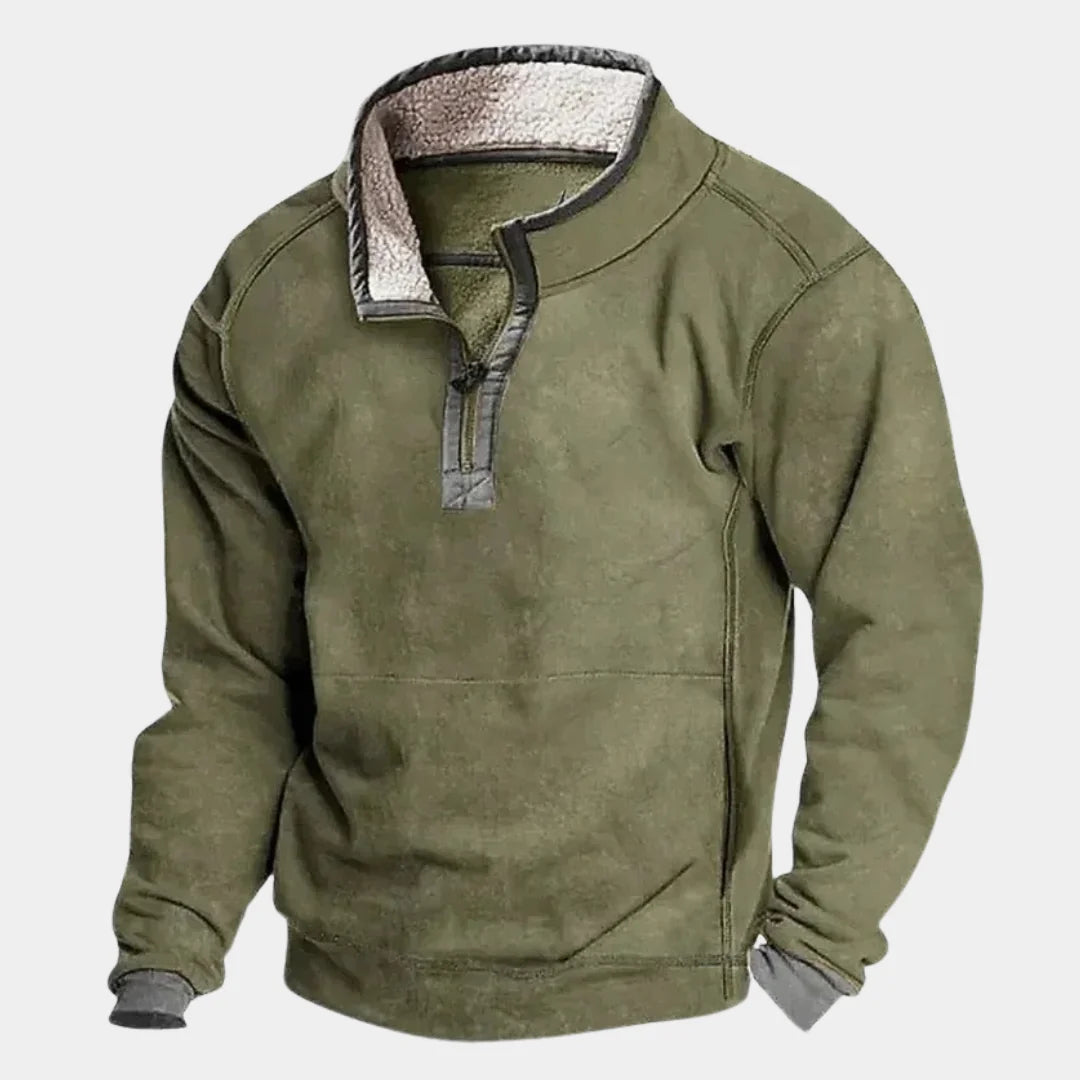 Green Men's Quarter Zip Sweatshirt with Sherpa-Lined Collar & Pocket — Silas