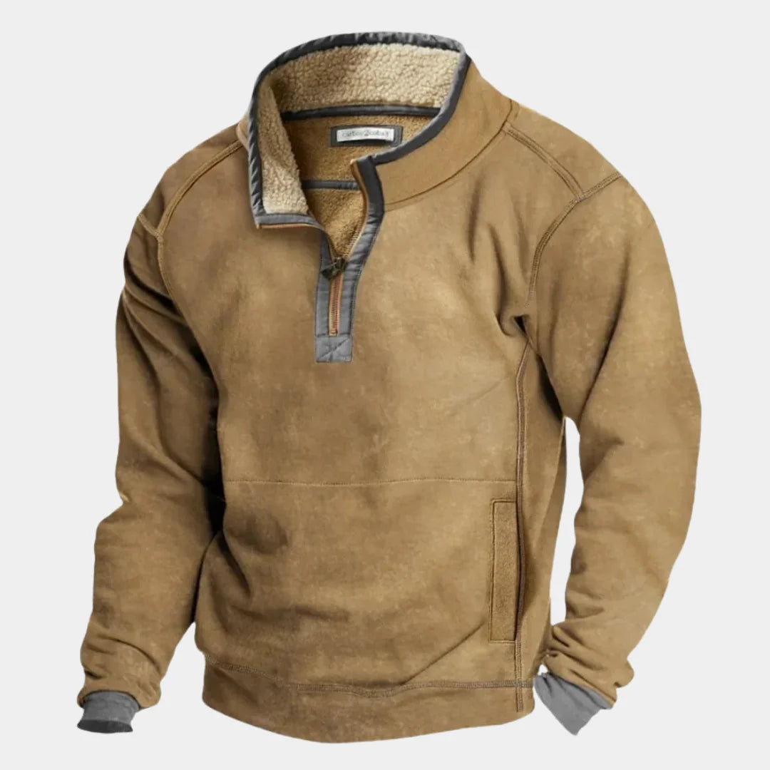 Yellow Men's Quarter Zip Sweatshirt with Sherpa-Lined Collar & Pocket — Silas - Close Up Collar