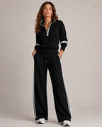 Black Women's Quarter Zip Two Piece Set with Striped Wide-Leg Pants — Serena
