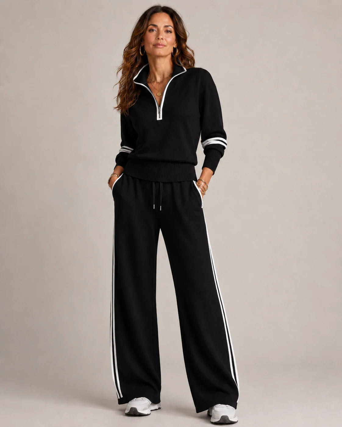Black Women's Quarter Zip Two Piece Set with Striped Wide-Leg Pants — Serena