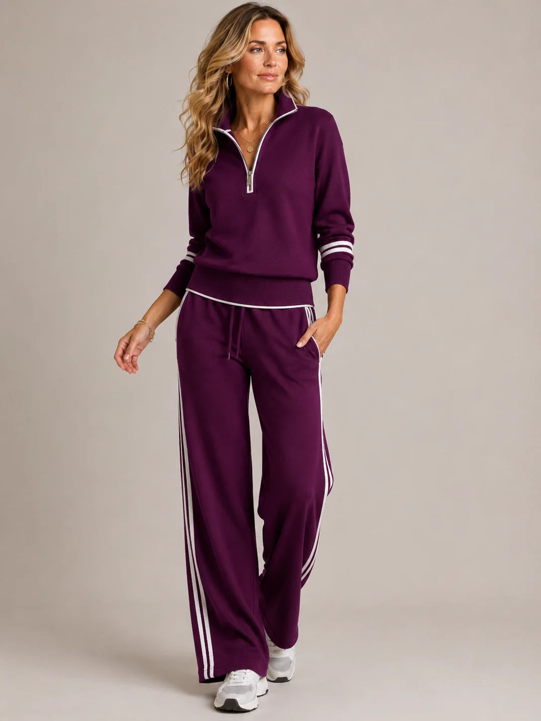 Purple Women's Quarter Zip Two Piece Set with Striped Wide-Leg Pants — Serena