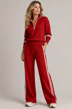Red Women's Quarter Zip Two Piece Set with Striped Wide-Leg Pants — Serena