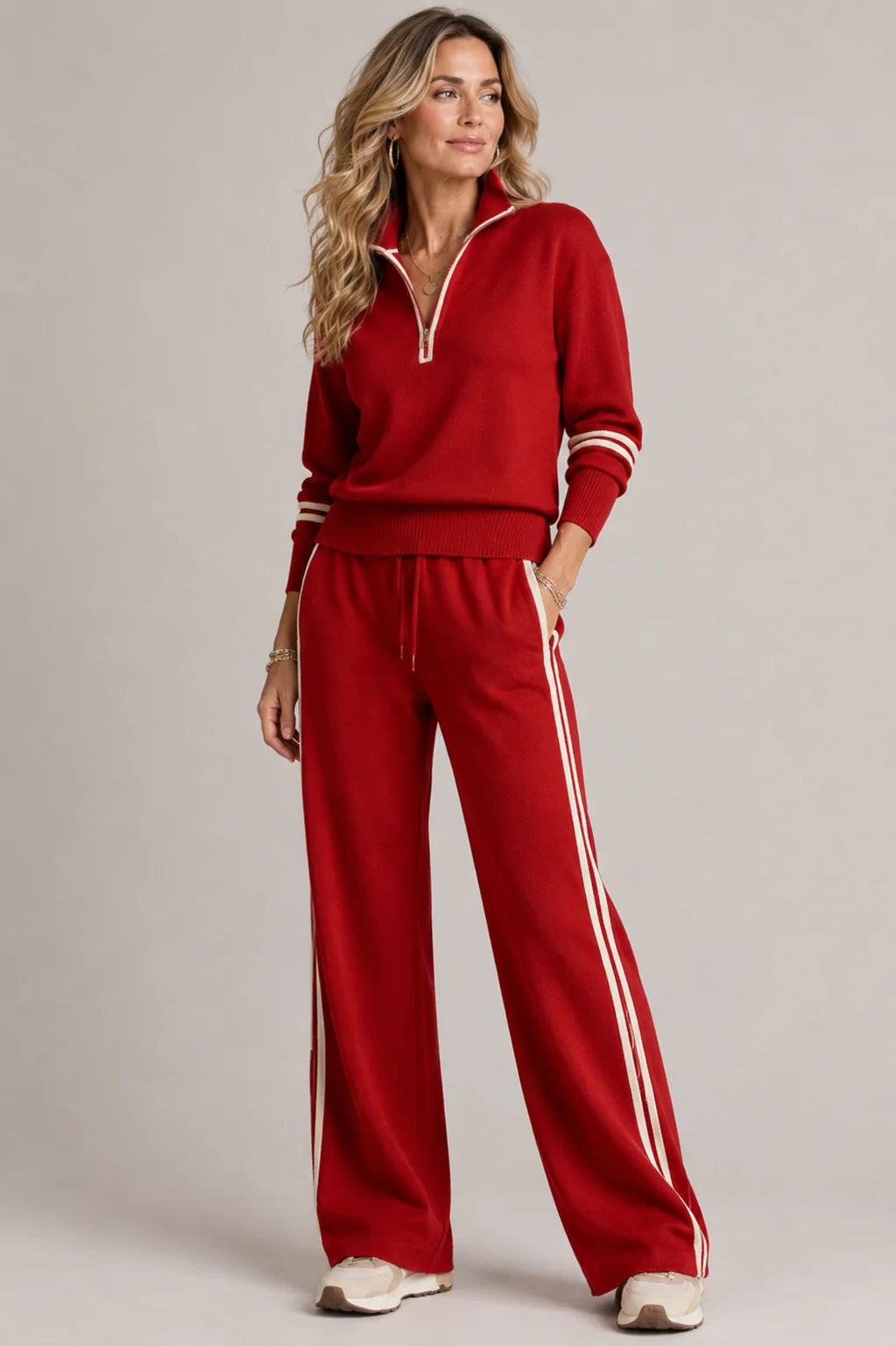 Red Women's Quarter Zip Two Piece Set with Striped Wide-Leg Pants — Serena