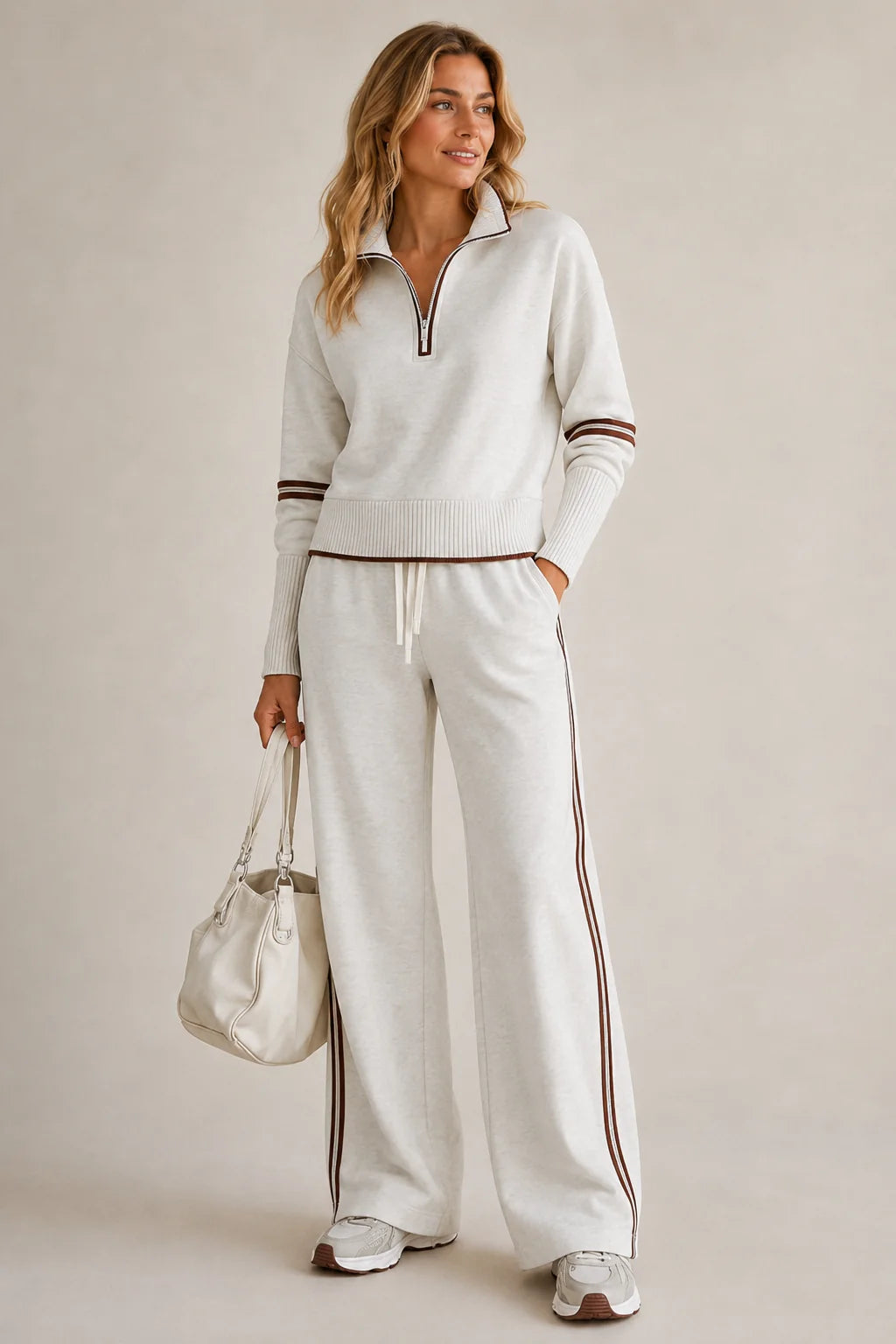 White Women's Quarter Zip Two Piece Set with Striped Wide-Leg Pants — Serena