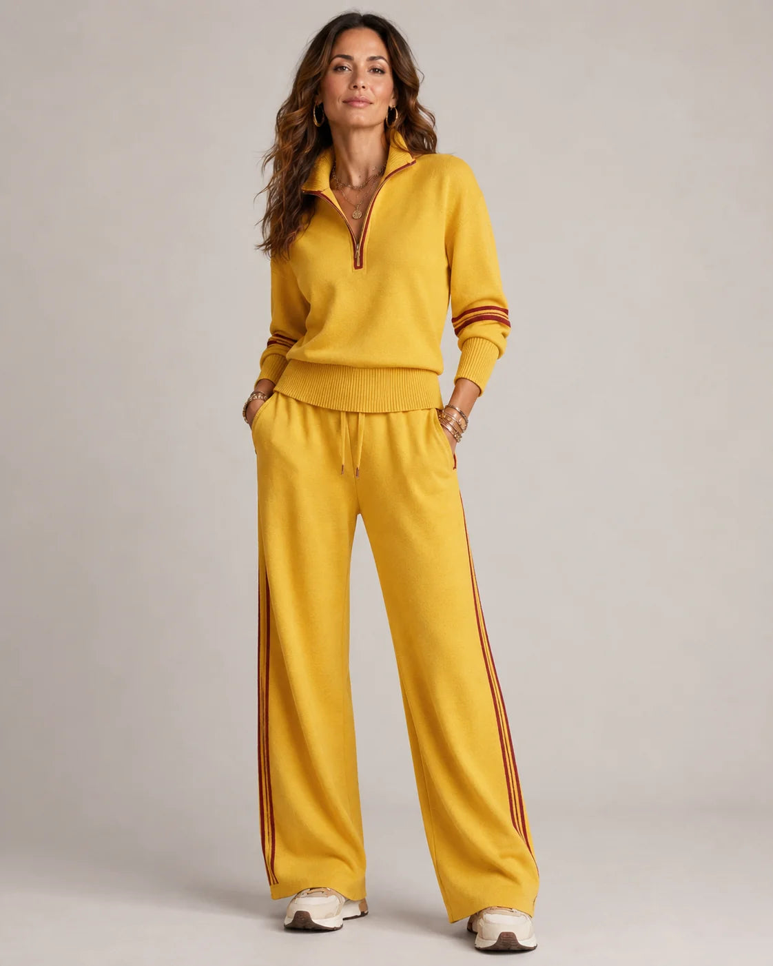 Yellow Women's Quarter Zip Two Piece Set with Striped Wide-Leg Pants — Serena