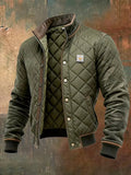 Green Men's Quilted Bomber Jacket with Faux Leather Trim & Standup Collar — Alfie