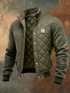 Green Men's Quilted Bomber Jacket with Faux Leather Trim & Standup Collar — Alfie