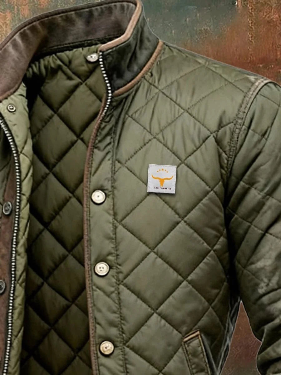 Green Men's Quilted Bomber Jacket with Snap-Button Placket & Stand Collar - Chest Logo Detail