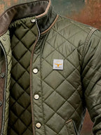 Green Men's Quilted Bomber Jacket with Faux Leather Trim & Standup Collar - Chest Patch Detail