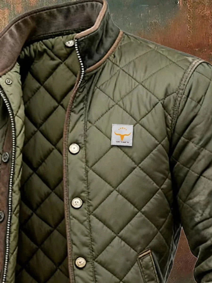 Green Men's Quilted Bomber Jacket with Faux Leather Trim & Standup Collar - Chest Patch Detail