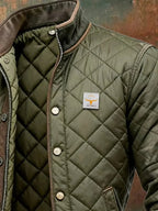 Green Men's Quilted Bomber Jacket with Snap-Button Placket & Stand Collar - Close Up Logo Detail
