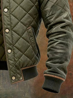 Military Green Men's Quilted Bomber Jacket with Faux Leather Trim & Standup Collar — Alfie - Cuff Pocket Detail