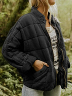 Black Women's Quilted Jacket with Oversized Fit & Stand Collar