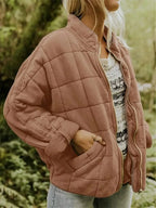 Brown Women's Quilted Jacket with Oversized Fit & Stand Collar