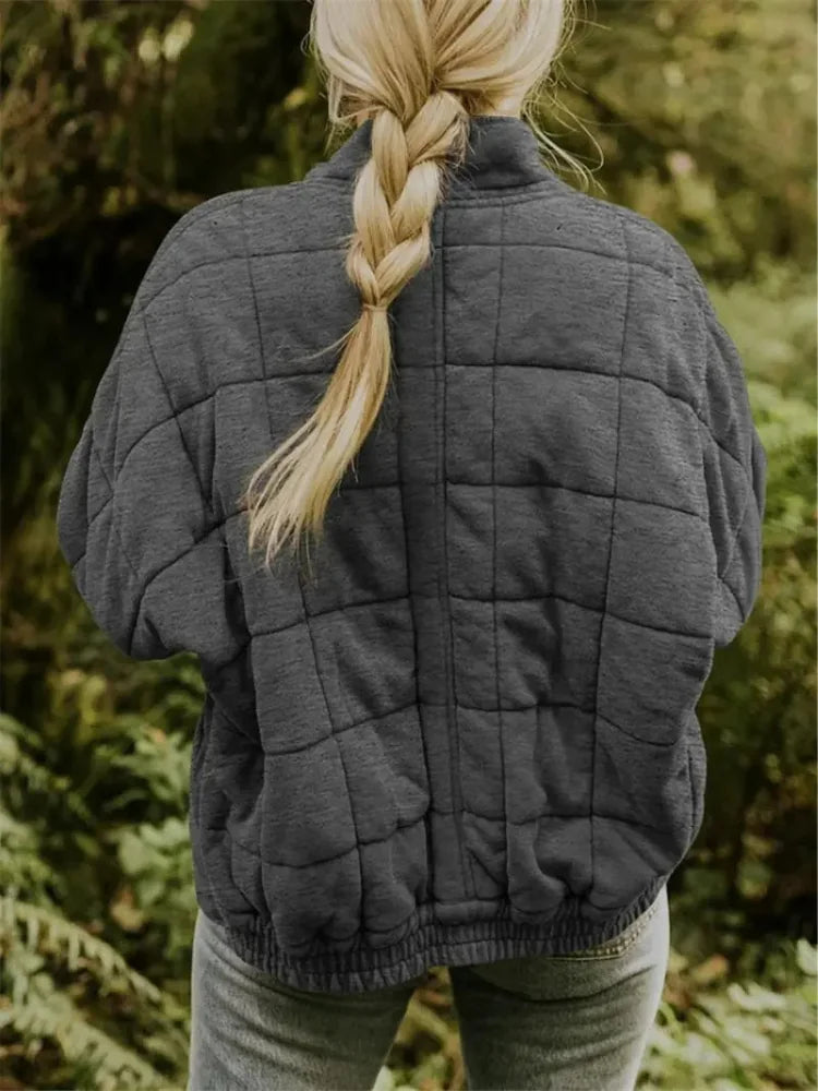 Women's Quilted Jacket with Oversized Fit & Stand Collar - Back Full Pose