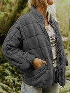 Dark Grey Women's Quilted Jacket with Oversized Fit & Stand Collar