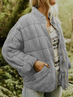Grey Women's Quilted Jacket with Oversized Fit & Stand Collar