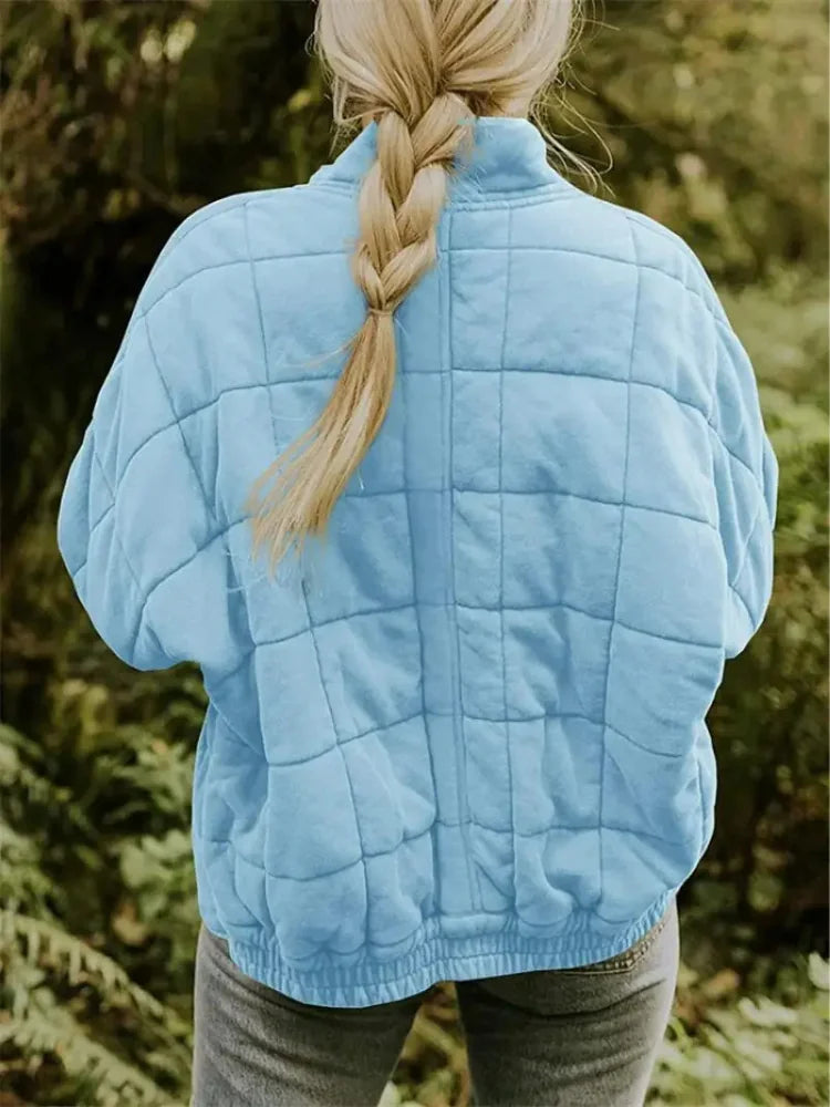 Women's Quilted Jacket with Oversized Fit & Stand Collar - Back Collar View