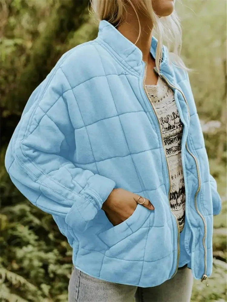Light Blue Women's Quilted Jacket with Oversized Fit & Stand Collar