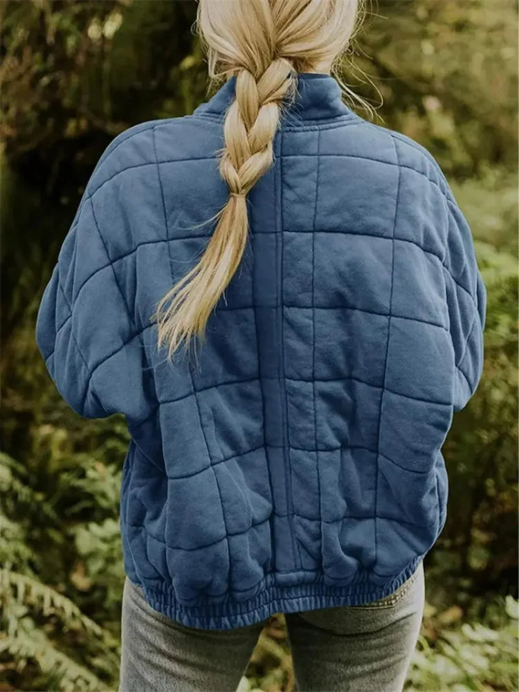 Women's Quilted Jacket with Oversized Fit & Stand Collar - Back Side Pose