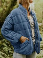 Dark Blue Women's Quilted Jacket with Oversized Fit & Stand Collar - Front Side Pose