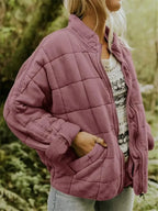 Pink Women's Quilted Jacket with Oversized Fit & Stand Collar — Celia
