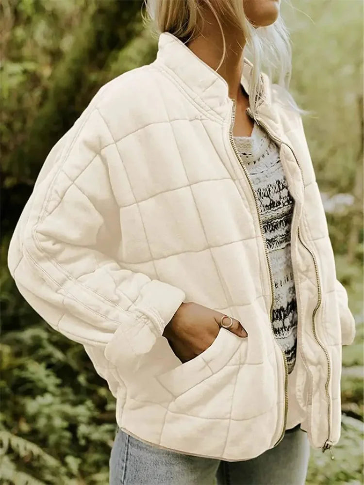 White Women's Quilted Jacket with Oversized Fit & Stand Collar - Front Studio Pose
