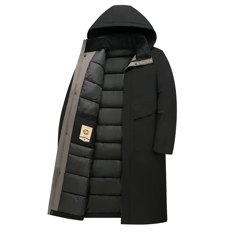 Black Men's Longline Quilted Winter Coat with Hooded Insulated Design — Grayson - Flat Studio